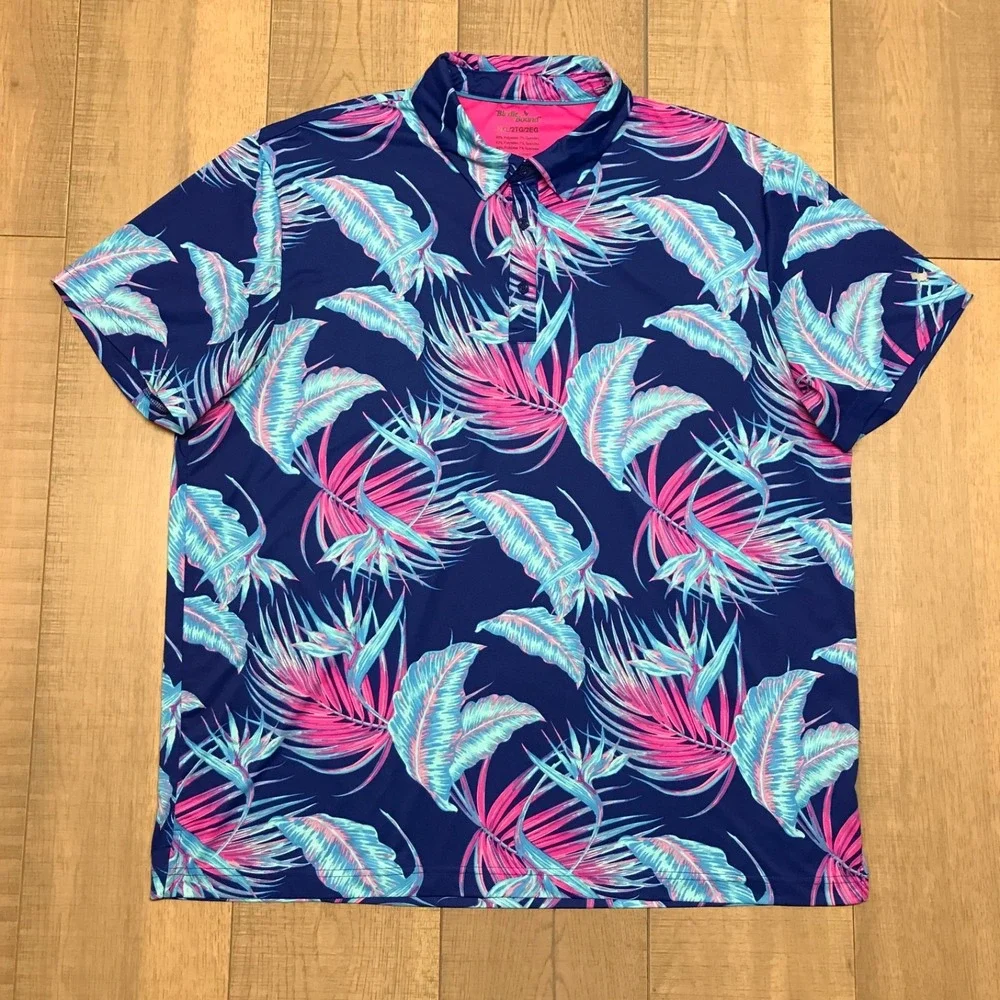 Birdie Bound Polo Shirt Mens 2XL‎ Blue Palm Leaf Golf Short Sleeve Performance
